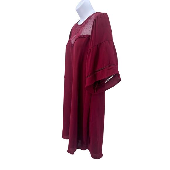 Maroon Lace Trim Short Dress Womens Large Flutter Sleeve Keyhole Back Crew Neck - Picture 3 of 9